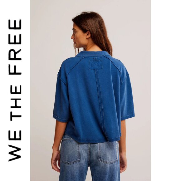 Free People | We The Free | Denmark Polo Top in Bellweather Blue | XL - Picture 3 of 6
